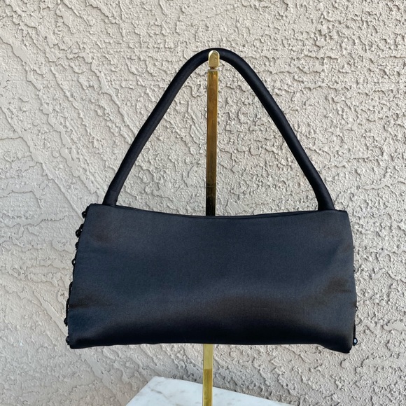 VINTAGE 90s Y2K Black Satin Beaded Fringe Handbag Formal Cocktail Evening Bag - Picture 4 of 12